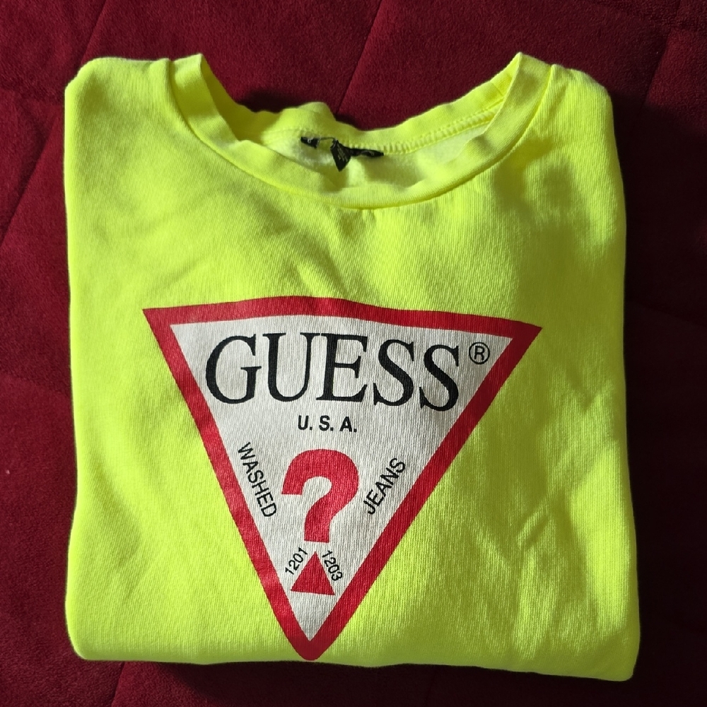 GUESS Neon Yellow Long Sleeve Sweatshirt with Red Triangle Logo